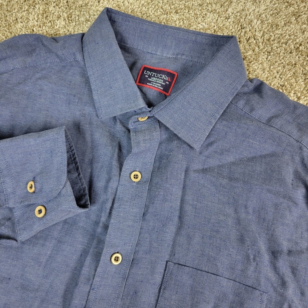 Untuckit Wrinkle Resistant Mens Medium Solid Navy Button Up LS 100% Linen
